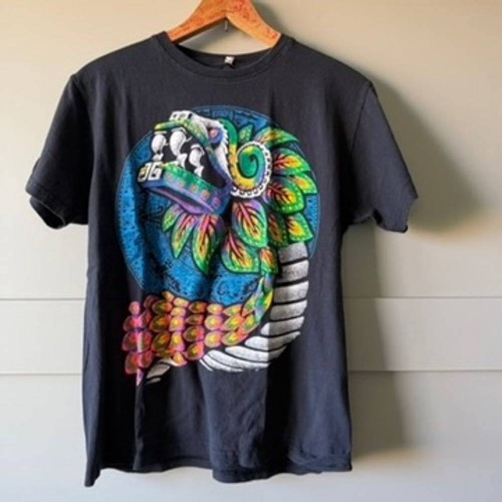 Vintage Quetzalcoatl Aztec Serpent Graphic T-Shirt Mens Small Black 90's